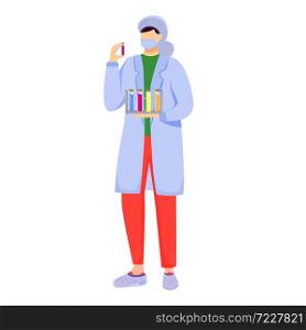 Scientist in lab coat with mask protection flat vector illustration. Studying medicine, chemistry. Conducting experiment. Woman with test tubes isolated cartoon character on white background. Scientist in lab coat with mask protection flat vector illustration
