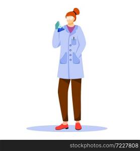 Scientist in lab coat with protection glasses flat vector illustration. Studying medicine, chemistry. Conducting experiment. Woman with laboratory flask isolated cartoon character on white background. Scientist in lab coat with protection glasses flat vector illustration