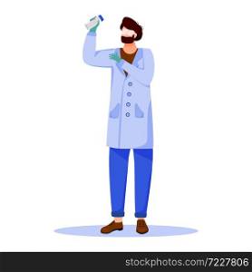 Scientist in lab coat with protection glasses flat vector illustration. Studying medicine, chemistry. Laboratory experiment. Man with chemicals can isolated cartoon character on white background. Scientist in lab coat with protection glasses flat vector illustration
