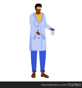 Scientist in lab coat with protection glasses flat vector illustration. Studying medicine, chemistry. Laboratory experiment. Woman with chemicals can isolated cartoon character on white background. Scientist in lab coat with protection glasses flat vector illustration