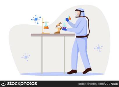 Scientist in protective suit flat vector illustration. Studying medicine, chemistry. Conducting dangerous experiment. Man works with chemicals isolated cartoon character on white background. Scientist in protective suit flat vector illustration