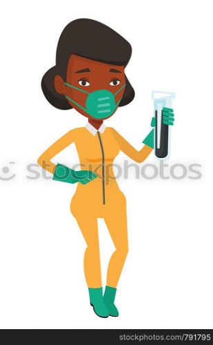Scientist in protective suit holding a test-tube with black liquid. Scientist in protective chemical suit analyzing liquid in test-tube. Vector flat design illustration isolated on white background.. Scientist with test tube vector illustration.