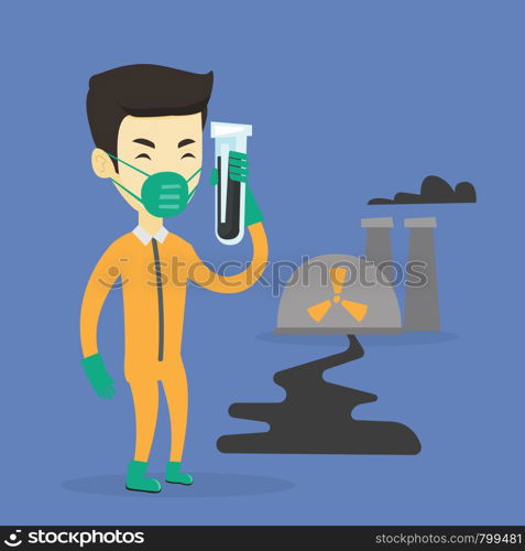 Scientist in radiation protective suit standing on the background of nuclear power plant. Asian man in radiation protective suit holding test-tube. Vector flat design illustration. Square layout.. Man in radiation protective suit with test tube.