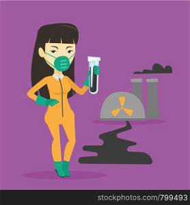Scientist in radiation protective suit standing on the background of nuclear power plant. Asian woman in radiation protective suit holding test-tube. Vector flat design illustration. Square layout.. Woman in radiation protective suit with test tube.