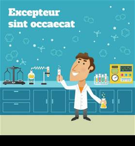 Scientist in science education research lab with flasks and laboratory equipment poster vector illustration