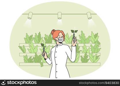 Scientist in uniform working with plants in greenhouse. Woman planting vegetables with aquaponics system at eco farm. Vector illustration.. Scientist working with plants in greenhouse