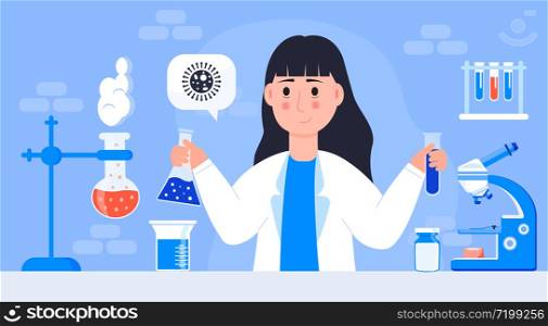 Scientist is working in lab. Chemist is holding tube. Concept vector of microbiologist creating vaccine in laboratory. Science and research experiments is shown.. Scientist is working in lab. Chemist is holding tube. Concept vector of microbiologist creating vaccine in laboratory. Science and research experiments
