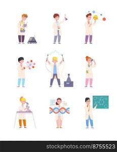 Scientist kids. Scientists children, child experiment in chemistry laboratory, kid science, young inventor or chemist, learning school lab, set cartoon vector illustration. Scientist at laboratory. Scientist kids. Scientists children, child experiment in chemistry laboratory, kid science, young inventor or chemist, learning school lab, set cartoon splendid vector illustration