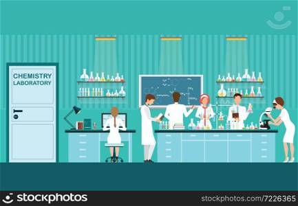 Scientist male and female making research and experiments at science lab interior , working in laboratory room, vector illustration.