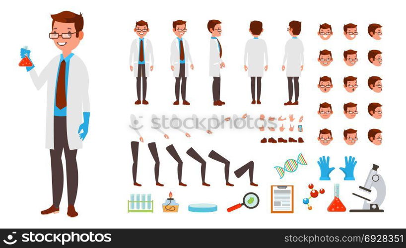 Scientist Man Vector. Animated Character Creation Set. Full Length, Front, Side, Back View, Accessories, Poses, Face Emotions, Hairstyle, Gestures. Isolated Flat Cartoon Illustration. Scientist Man Vector. Animated Character Creation Set. Full Length, Front, Side, Back View, Accessories, Poses, Face Emotions Hairstyle Gestures Isolated Illustration