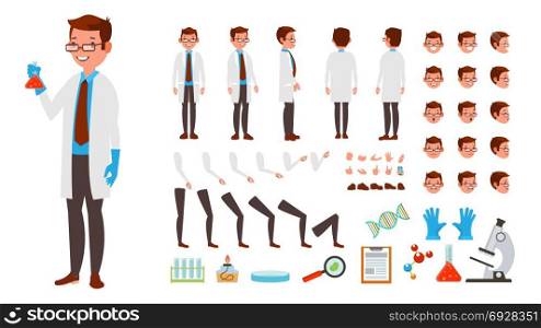 Scientist Man Vector. Animated Character Creation Set. Full Length, Front, Side, Back View, Accessories, Poses, Face Emotions, Hairstyle, Gestures. Isolated Flat Cartoon Illustration. Scientist Man Vector. Animated Character Creation Set. Full Length, Front, Side, Back View, Accessories, Poses, Face Emotions Hairstyle Gestures Isolated Illustration