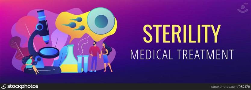 Scientist on microscope working on infertility treatment for couple. Infertility, female infertility causes, sterility medical treatment concept. Header or footer banner template with copy space.. Infertility concept banner header.