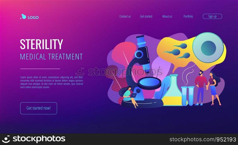 Scientist on microscope working on infertility treatment for couple. Infertility, female infertility causes, sterility medical treatment concept. Website vibrant violet landing web page template.. Infertility concept landing page.