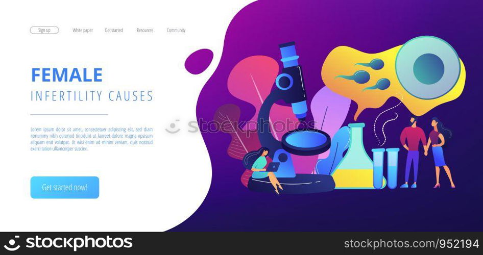 Scientist on microscope working on infertility treatment for couple. Infertility, female infertility causes, sterility medical treatment concept. Website vibrant violet landing web page template.. Infertility concept landing page.