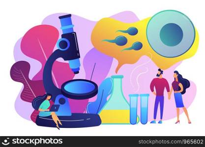 Scientist on microscope working on infertility treatment for couple. Infertility, female infertility causes, sterility medical treatment concept. Bright vibrant violet vector isolated illustration. Infertility concept vector illustration.