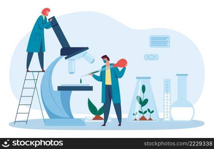 Scientist or biologist working in laboratory. Man dropping liquid, woman examining drip in microscope. People doing research with plants. Characters in robs working in lab, microbiology vector. Scientist or biologist working in laboratory. Man dropping liquid, woman examining drip in microscope