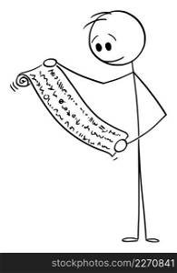 Scientist or person reading ancient scroll, vector cartoon stick figure or character illustration.. Person or Scientist Reading Ancient Scroll , Vector Cartoon Stick Figure Illustration
