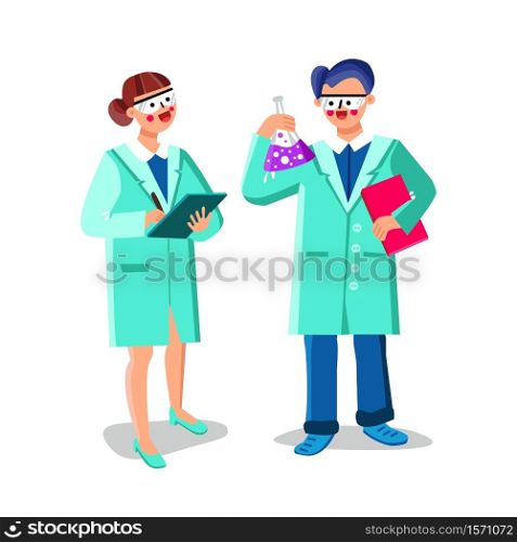 Scientist People Research Chemical Liquid Vector. Man And Woman Scientist Team Researching In Chemistry Laboratory. Characters Wearing Uniform Working In Laboratory Flat Cartoon Illustration. Scientist People Research Chemical Liquid Vector