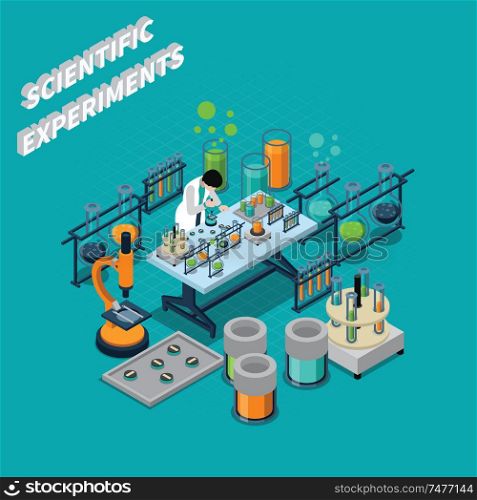 Scientist perfoming chemical experiments in laboratory isometric composition on blue background 3d vector illustration
