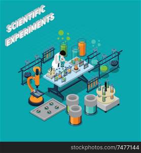 Scientist perfoming chemical experiments in laboratory isometric composition on blue background 3d vector illustration