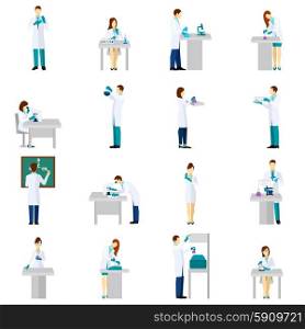 Scientist person flat icons set with men and women in laboratory isolated vector illustration. Scientist Person Flat Set