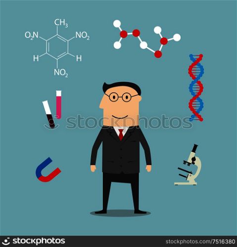 Scientist profession design with man in glasses among laboratory flasks and tubes, microscope and DNA model, magnet and chemical formula. Scientist and science elements icons