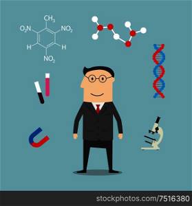 Scientist profession design with man in glasses among laboratory flasks and tubes, microscope and DNA model, magnet and chemical formula. Scientist and science elements icons