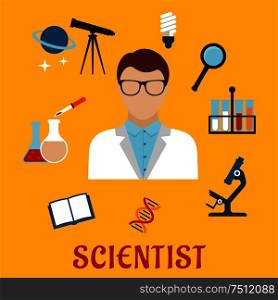 Scientist profession flat icons with man in glasses among laboratory flasks and tubes, book and microscope, model of DNA, energy saving lamp, telescope with planet and stars, magnifying glass. Scientist and laboratory equipment flat icons