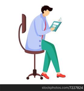 Scientist reading book, journal flat vector illustration. Doctor sits on chair. Getting, analysing information. Man in blue lab coat isolated cartoon character on white background. Scientist reading book, journal flat vector illustration