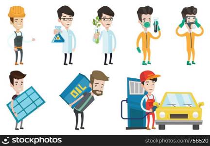 Scientist showing test tube with biohazard sign. Scientist holding flask with black liquid. Scientist analyzing sprout in test tube. Set of vector flat illustrations isolated on white background.. Vector set of characters on ecology issues.