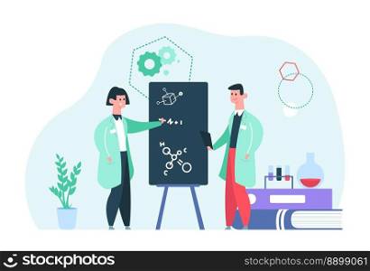 Scientist study. Man and woman working in laboratory, writing on board. People doing research, medical workers in uniform. Cartoon chemist in lab with books and test tubes vector illustration. Scientist study. Man and woman working in laboratory, writing on board. People doing research, medical workers