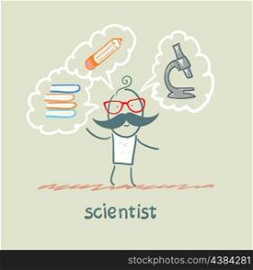 scientist thinks about the book, a pencil and a microscope