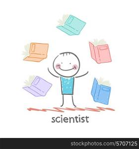 scientist with books around