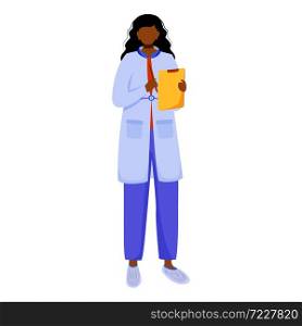 Scientist with clipboard and pen flat vector illustration. Writing down experiment details. Documenting and describing. Woman in blue lab coat isolated cartoon character on white background. Scientist with clipboard and pen flat vector illustration