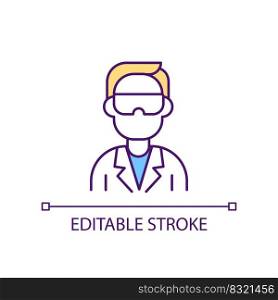 Scientist with goggles and uniform RGB color icon. Lab assistant at work. Professional researching. Isolated vector illustration. Simple filled line drawing. Editable stroke. Arial font used. Scientist with goggles and uniform RGB color icon
