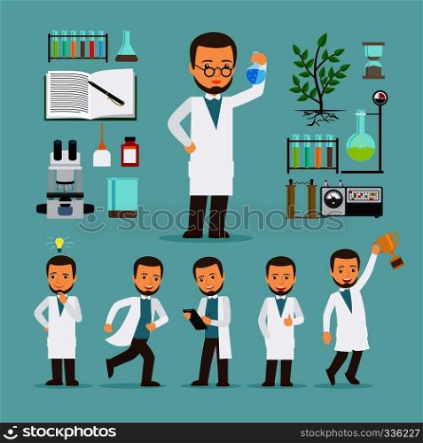 Scientist with laboratory equipment in different poses icons set. Vector illustration.. Scientist with laboratory equipment icons