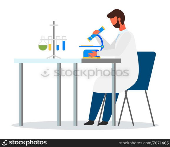 Scientist with mircoscope sitting at table. Engineer man wearing white gown exploring elements. Laboratory experiment, research. Lab assistant isolated at white background with samples in tubes. Bearded researcher with mircoscope sitting at table, flasks with samples, laboratory experiment