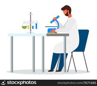 Scientist with mircoscope sitting at table. Engineer man wearing white gown exploring elements. Laboratory experiment, research. Lab assistant isolated at white background with samples in tubes. Bearded researcher with mircoscope sitting at table, flasks with samples, laboratory experiment