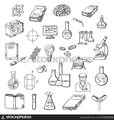 Scientist with sketch symbols of microscope, laboratory test tubes and flasks, books, computer and clipboard with pen, human brain, DNA and molecules, lab burner, battery and geometric models, idea light bulb and pills. Scientist with laboratory research sketch icons