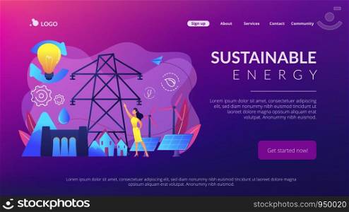 Scientist with sustainable development ideas solar panels, hydropower, wind. Sustainable energy, future-oriented energy, smart energy system concept. Website vibrant violet landing web page template.. Sustainable energy concept landing page.