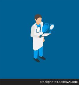 Scientist with tablet pc. Scientist with tablet pc and virtual hexagons isometric vector illustration