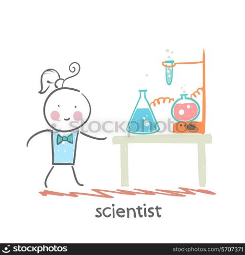 scientist with test tubes on the table