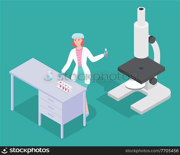 Scientist woman wearing white gown exploring elements, making tests with flasks and test tubes, liquids. Laboratory experiment, research. Big microscope. Lab assistant isolated with s&les in tubes. Scientist woman wearing white gown exploring elements, making tests with flasks and test tubes