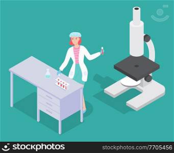 Scientist woman wearing white gown exploring elements, making tests with flasks and test tubes, liquids. Laboratory experiment, research. Big microscope. Lab assistant isolated with samples in tubes. Scientist woman wearing white gown exploring elements, making tests with flasks and test tubes