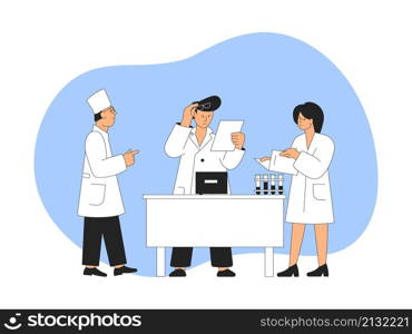 Scientist workers. Lab research, medical team characters. Chemistry experiment, doctors collaboration. People in white coat recent vector concept. Illustration of medical lab laboratory scientist. Scientist workers. Lab research, medical team characters. Chemistry experiment, doctors collaboration. People in white coat recent vector concept
