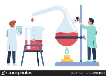 Scientist working. Chemist experience and new vaccine development. Researcher mixes reagents in pharmacy lab. People with laboratory burner and glass test tubes. Vector scientific experiment concept. Scientist working. Chemist experience and new vaccine development. Researcher mixes reagents in pharmacy lab. People with laboratory burner and test tubes. Vector scientific experiment