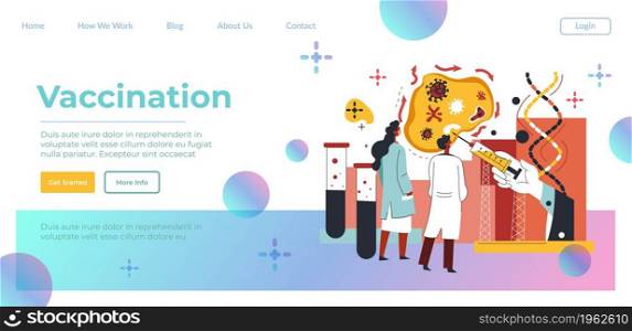 Scientists and doctors working in laboratory on inventing vaccine against covid 19. Vaccination and immunization process, treatment and health. Website or webpage template, landing page flat vector. Vaccination process, doctors work in laboratory