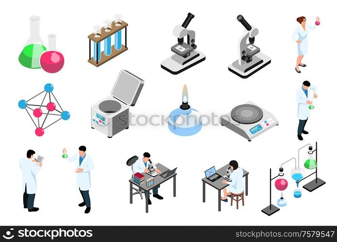Scientists and equipment of pharmaceutic laboratory isometric icons set isolated on white background 3d vector illustration