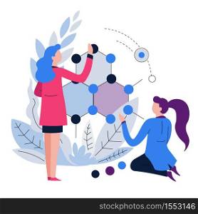 Scientists and molecule women chemists or biologists isolated abstract icon vector microbiology science and research genetics modern technology development invention and genetic code modification. Women chemists or biologists scientists and molecule isolated icon