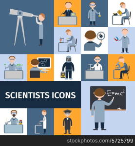 Scientists character icon set with mathematician explorer chemist physicist avatars isolated vector illustration